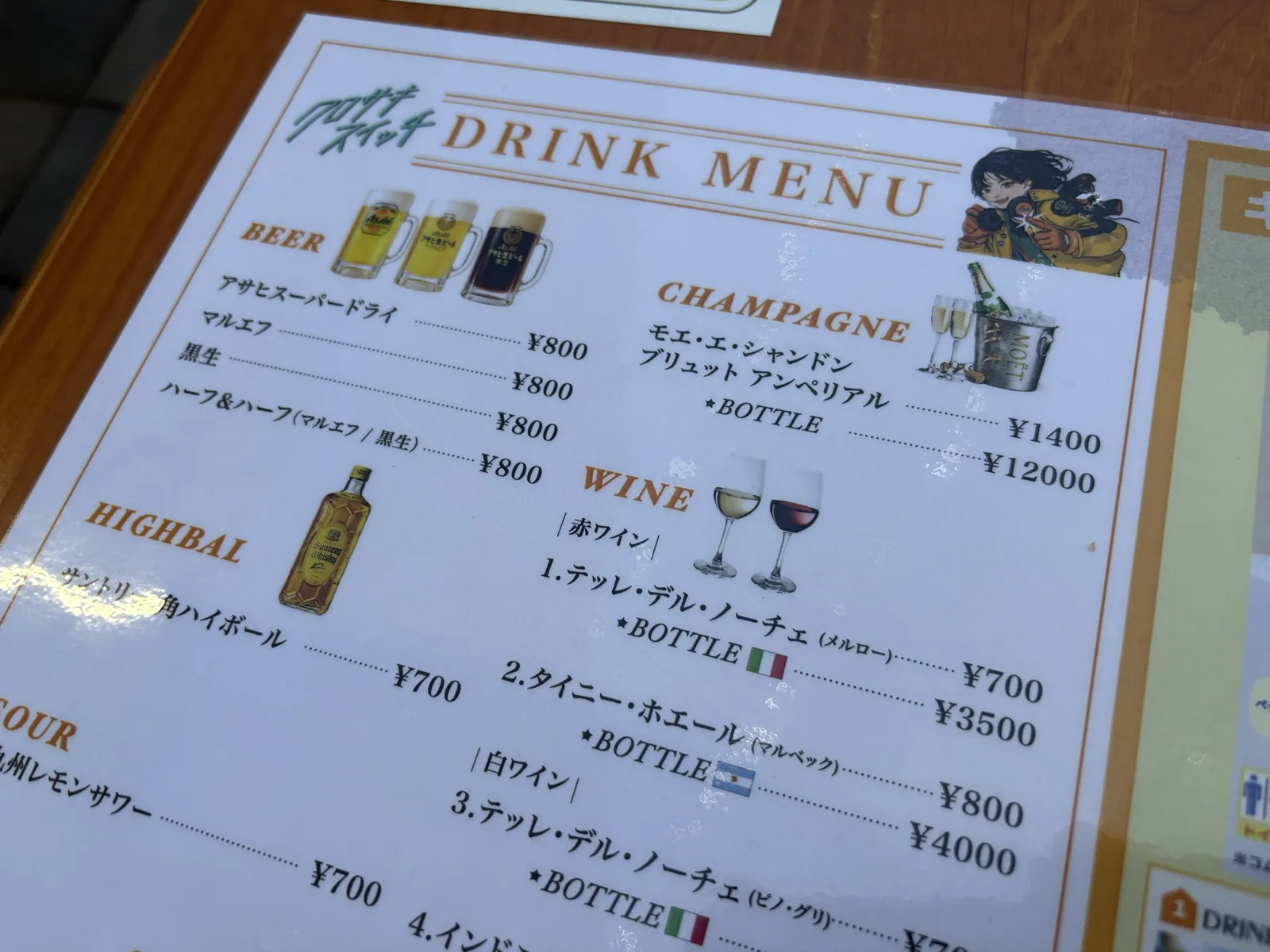 ドリンクメニュー。ビールは各800円、ハイボール700円、ワイン、シャンパンの価格が並ぶ