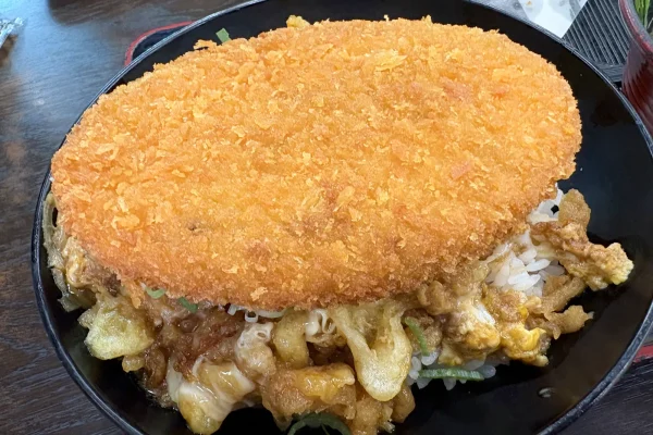 資たま丼の上に大判コロッケをのせた「コロッケ丼」を真上から