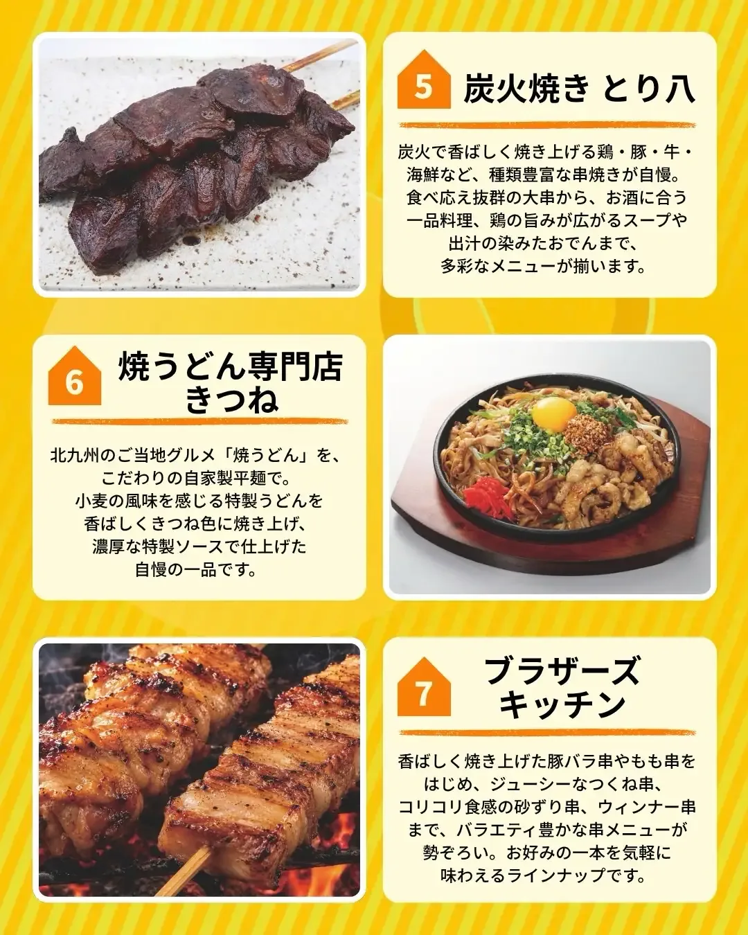 出店紹介。炭火焼き とり八、焼うどん専門店 きつね、ブラザーズキッチンのメニュー