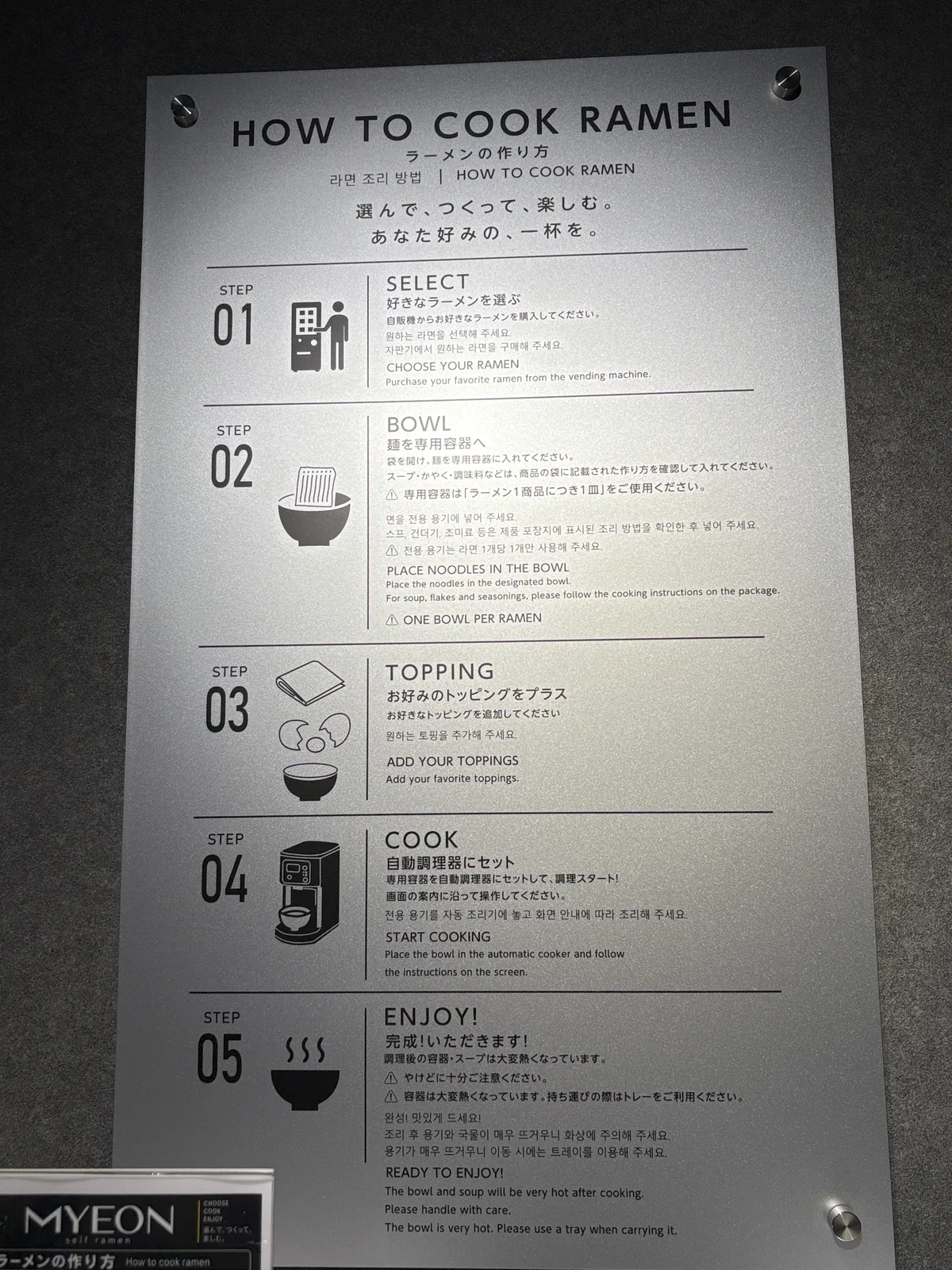 HOW TO COOK RAMENの掲示。SELECT、BOWL、TOPPING、COOK、ENJOYの5ステップ