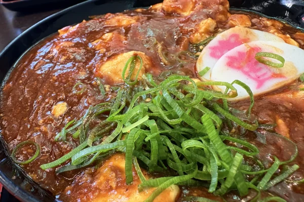 麻婆丼のアップ。麻婆のあんがテリテリに光り、刻みネギと「資」のかまぼこがのる