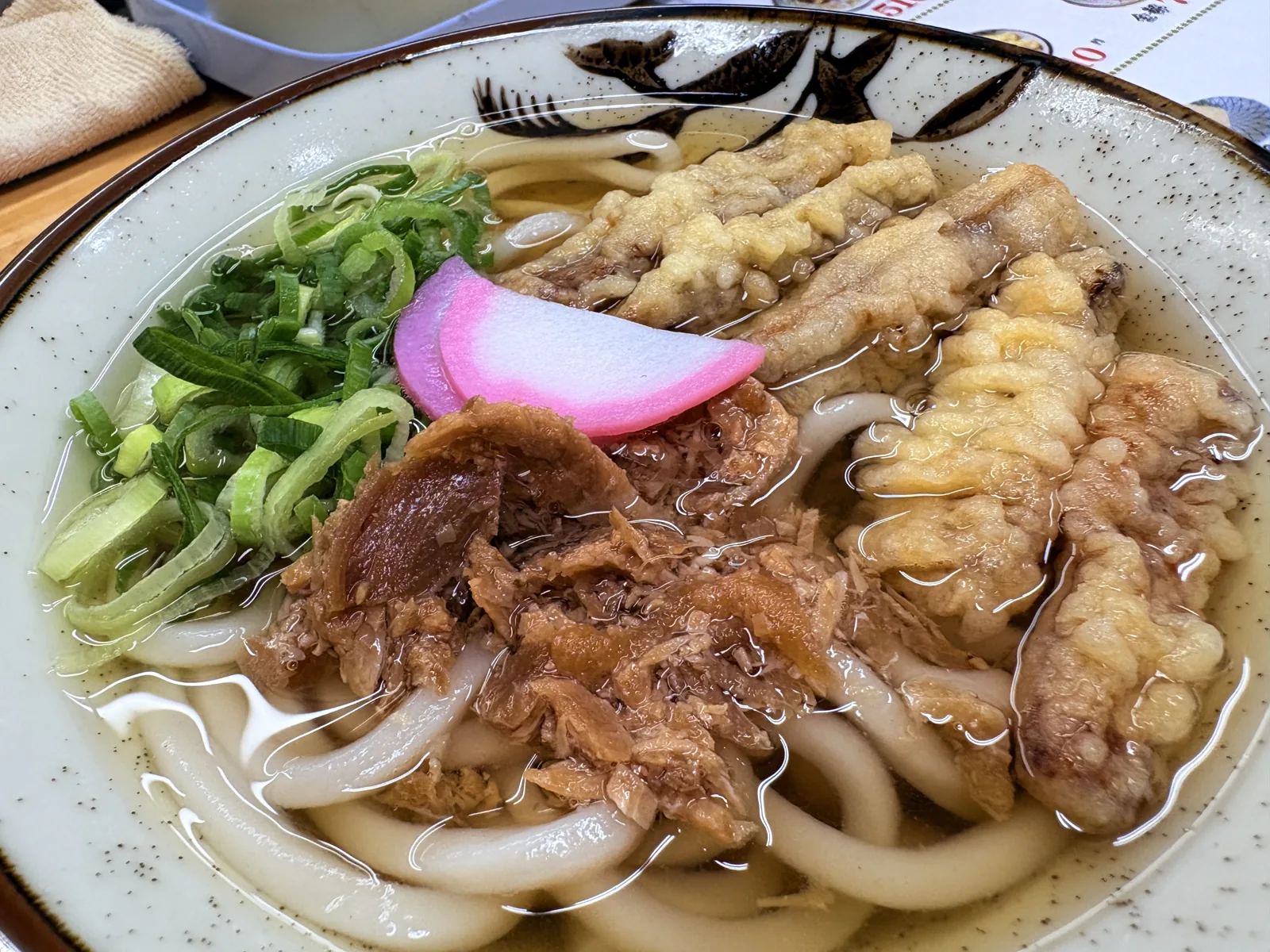 ごぼ天うどん。細長いごぼ天が何本も並び、かしわとねぎ