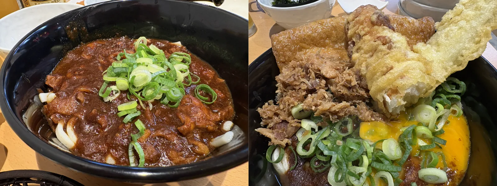 カレーうどん単体と、トッピングをほぼ全部のせたあとの比較