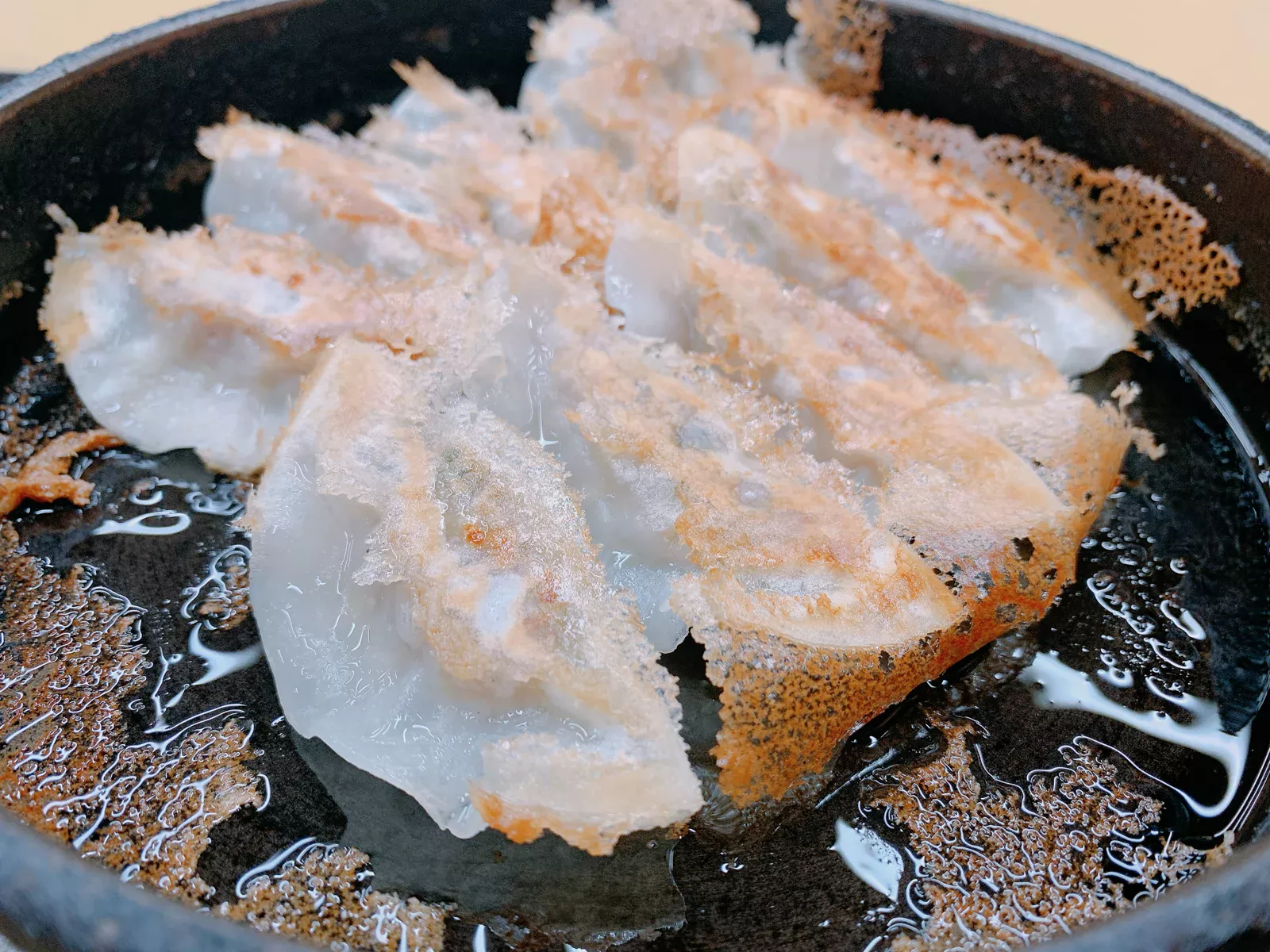 鉄なべに並んだ焼き餃子。薄い羽根がついている