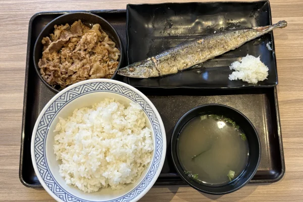 牛さんま定食。牛皿・ご飯・さんま1尾・大根おろし・汁物